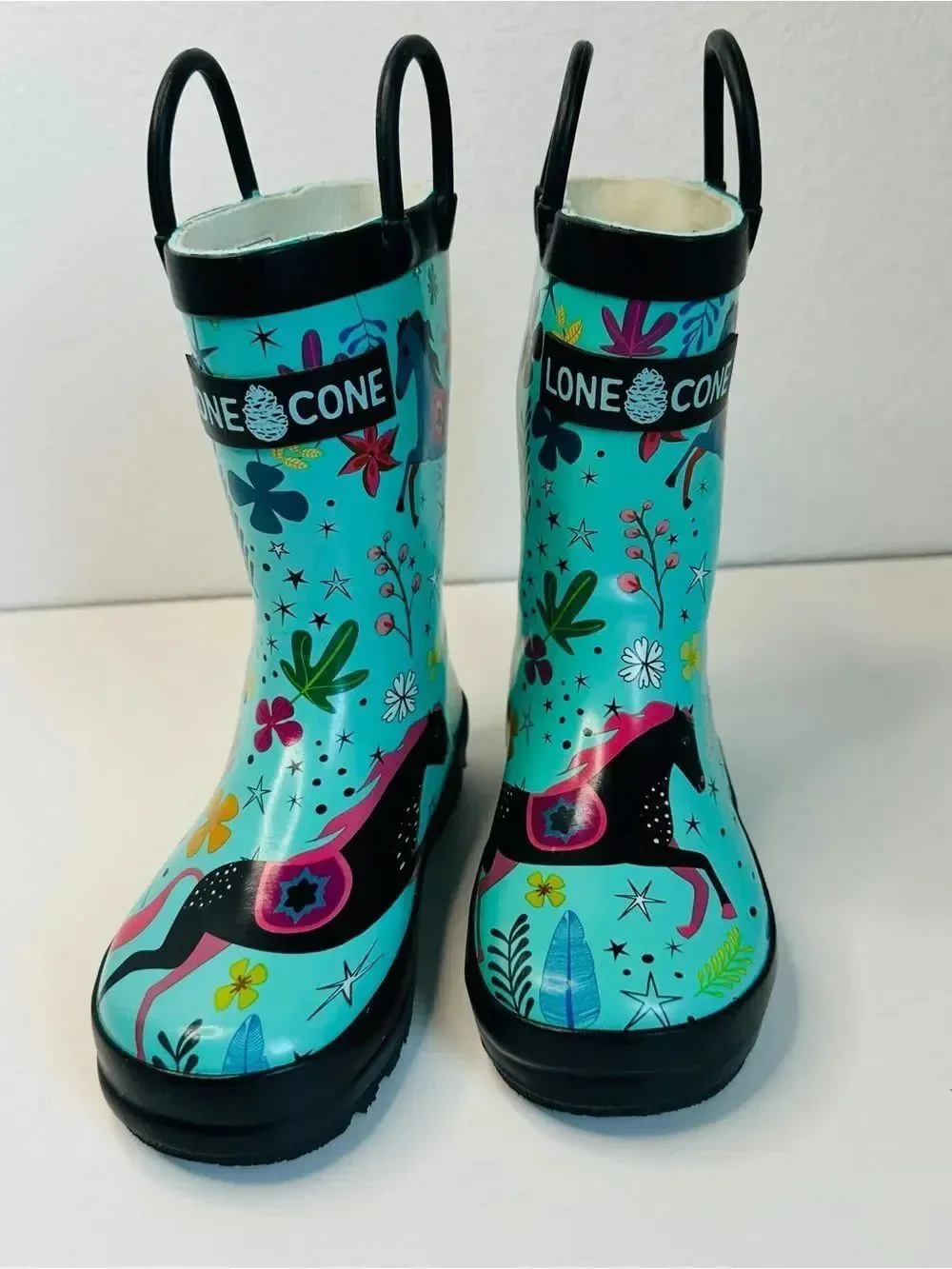 Lone Cone Turquoise Horse Pattern Kids Rain Boots Size 9